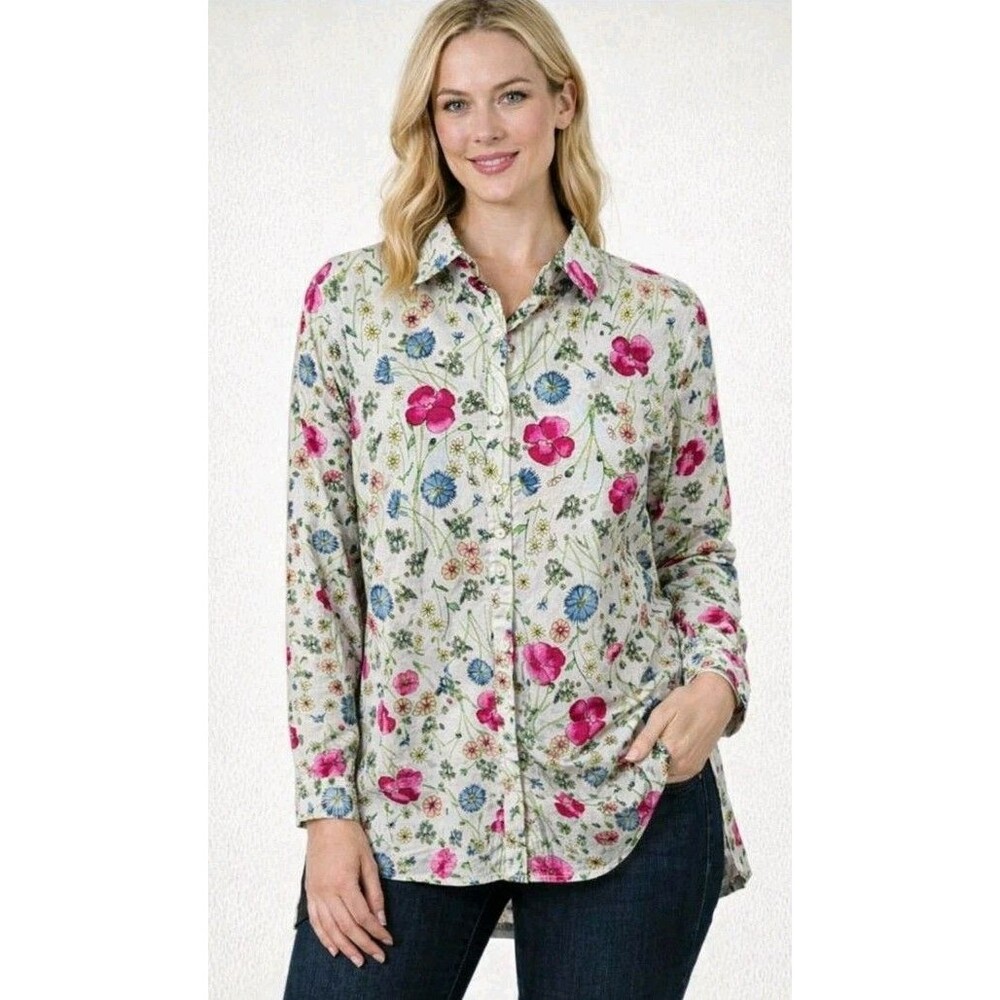 Talbots Petite Shirt Size 4P Button Long Sleeve Floral Cotton
